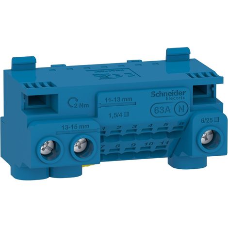 Resi9 bornier neutre 63A + cavalier auto 11x1,5 à 4² vis 3x6 à 25² SCHNEIDER LGYT1N14 (1/2)