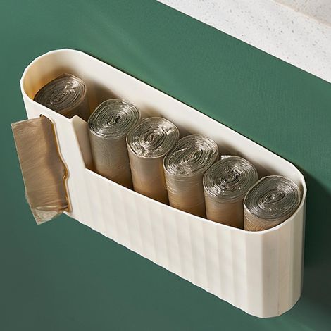 Wandmontierter Müllbeutelspender – Wandhalterung für Küchen- und Badezimmermüllbeutel aus cremefarbenem Kunststoff (1/5)