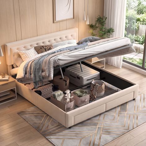 Lit coffre avec 2 tiroirs, Lit Double avec espace de stockage hydraulique et sommier à lattes, en Velours élégant,pour Adultes et Adolescent, sans Matelas - Beige - 180×200cm (1/5)