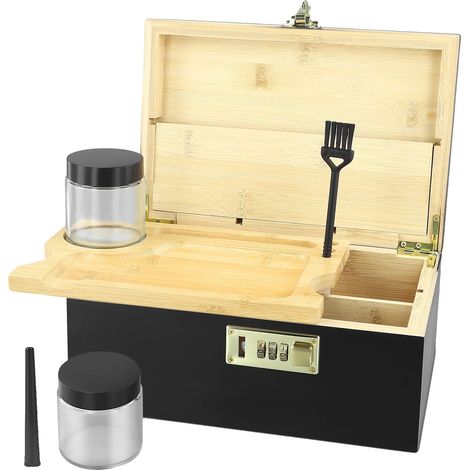 Scatola portaoggetti in bambù ecologico, con serratura a combinazione, colore nero. (1/2)