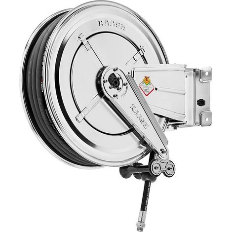 Enrouleur d'eau chaude 25 m Ø 3/8 200 bars Inox 304 avec enroulement automatique et support mural pivotant Raasm RA.8522.302