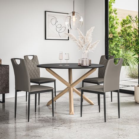 Malvern Round Dining Table And Chairs - Black Table Top w Solid Oak Legs + Monza Faux Leather Dining Chair Set Of 4 (Grey) (1/5)