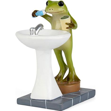 Statue miniature d'animal de jardin féerique pour salle de bain extérieure - Grenouille se brossant les dents