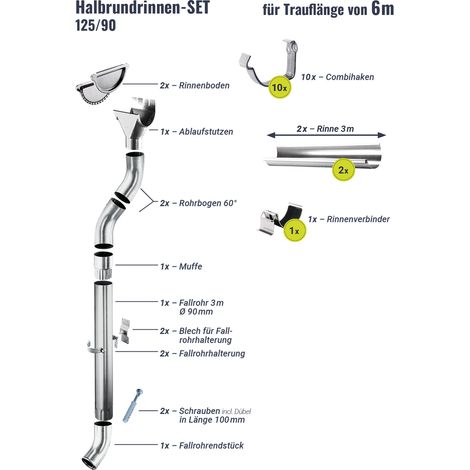 Regenrinnen-Set 6,00 m 125/90 Verzinkt Combihaken
