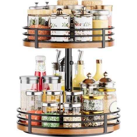 Lazy Susan Organiseur de plateau tournant réglable – Étagère à épices rotative en bois à 2 niveaux de 30,5 cm pour comptoir de cuisine, garde-manger, placard, table de salle de bain, café, bar (1/5)