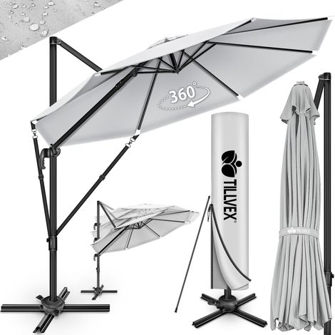 tillvex Parasol haut de gamme en aluminium gris 330 cm + housse et pare-vent  Parasol déporté 6 positions avec manivelle  Parasol de jardin rotatif, inclinable et inclinable à 360°  Grand parasol à ma (1/5)