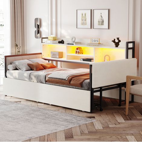 DESVIAE Lit banquette simple 90 x 200 cm avec rangement led prise multifonction bureau rabattable dossier rembourré métal blanc (1/4)