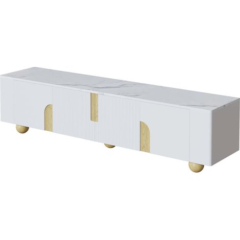 Meuble TV blanc 180 cm avec 4 portes, surface effet marbre et pieds ronds en bois (1/5)