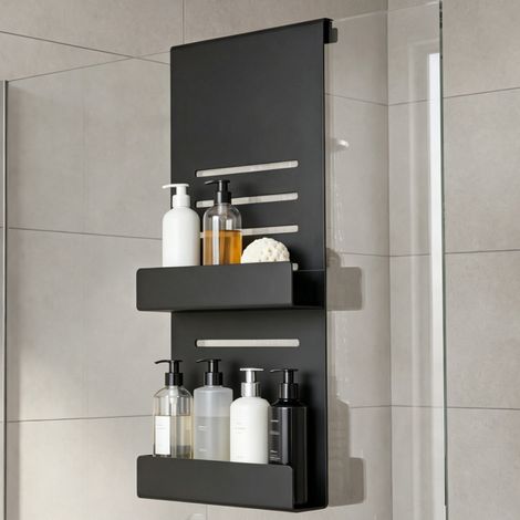 Mai & Mai Étagère Douche Suspendue en Acier Carbone Support Rangement pour Porte Douche Salle de Bain Serviteur Douche avec Crochets pour Gel Shampooing Noir Sablé 60×30CM Oryne-01