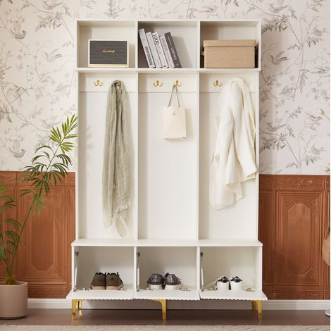 Mobile da ingresso 120x23.5x191.5 cm bianco in pannello truciolare con panca contenitore, appendiabiti e scaffali (1/5)