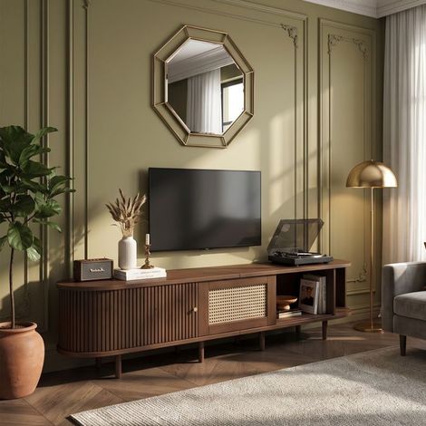 Meuble TV - Modèle 180 cm Noyer foncé - 1 tiroir & 2 portes coulissantes - Plateau ovale 180x40 cm - Pieds réglables bois (1/5)