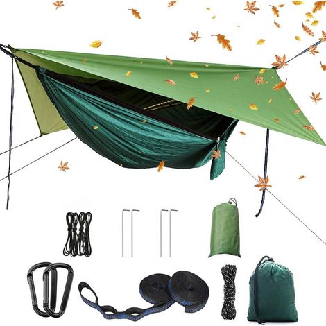 Tragbare Camping-Hängematte, Einzel- oder Doppelhängematte, Moskitonetz, Regenschutzzelt, Hängebett aus hochfestem Fallschirmgewebe. Geeignet für Outdoor-Aktivitäten, Camping und Reisen.