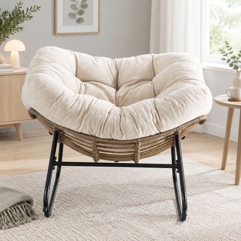 Beiger Schaukelstuhl aus Chenille, Metallgestell, max. 158 kg, OKMYHOME (1/5)