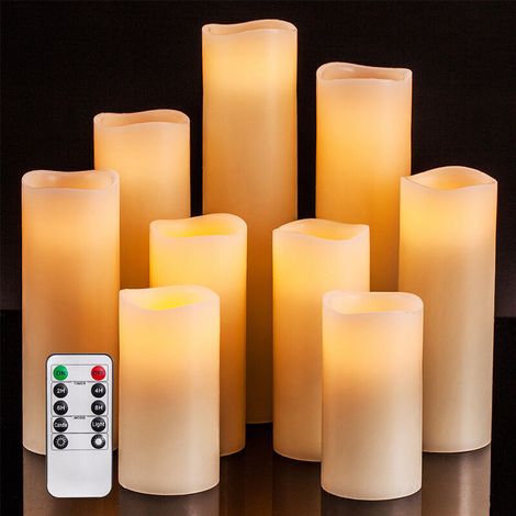 Flameless Christmas Candles, Battery Operated Candles, Real Wax Flickering Candles, Flameless LED Candles, Set of 9 with Remote Control (Ivory) (1/5)
