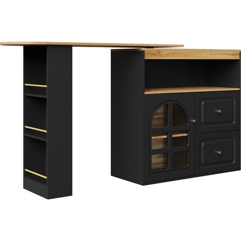 Barra de comedor giratoria 360° de MDF negro 138-204 x 39 x 104 cm con 2 cajones (1/5)