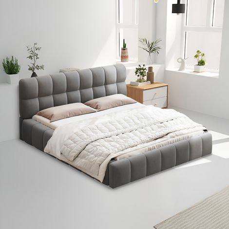 Lit 140 x 190 cm à sommier, lit double avec tête et côtés rembourrés, lit capitonné lit 2 places, lit au sol pour adultes et enfants, lin gris (1/5)