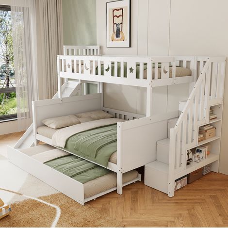Litera infantil 90x200 y 140x200 cm blanca, MDF y pino con cama nido y tobogan (1/5)
