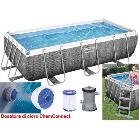 Piscina rectangular elevada con estructura de acero y bomba de filtro, 404x201x100 cm, con escalera y dispensador de cloro - Bestway (1/4)