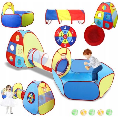 Tente Enfants - Tunnel Pliable 3-en-1 Maison Tipi + Cible Panier 5 Balles - Pour Jardin Intérieur - Polyester 270 x 120 x 90 cm (1/5)