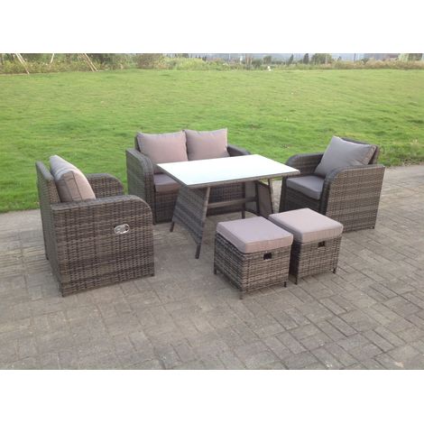 Fimous Polyrattan Gartenmöbel Set mit Liegestühle 2-Sitzer Sofa Doppelsofa Rechteckiger Esstisch mit 2 Hockern (1/4)