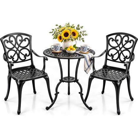 Centurion VIVALDI 3-Piece Cast Aluminium Garden Bistro Set - Rust-Proof Round Table with Parasol Hole & 2 Generously Sized Armchairs - Baroque Design for Patio, Balcony & Conservatory (Black) (1/5)