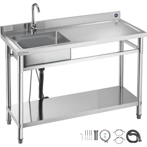 Évier cuisine utilitaire en acier inoxydable, évier autoportant à cuve unique gauche, avec robinet, tuyau d'eau chaude et froide pour garage, restaurant, buanderie, 120x50x94 cm (1/5)