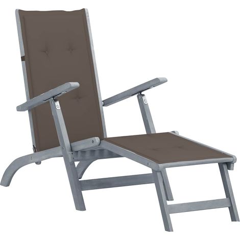 Chaise longue d'extérieur repose-pied et coussin Acacia solide
