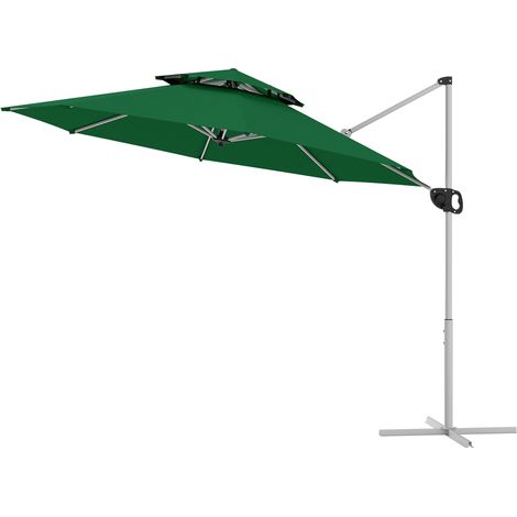 Parasol déporté Ø292 cm avec manivelle, rotation à 360°, inclinaison réglable, double toit et base en croix, vert foncé (1/5)