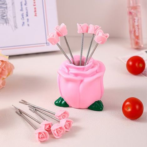 10 fourchettes à fruits en forme de rose avec socle, ensemble de fourchettes à gâteau en acier inoxydable de couleur rose, pour la maison, les collations, les fêtes, les mariages et la Saint-Valentin (1/5)