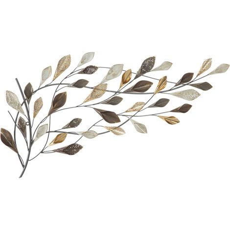 Pannello decorativo da parete Ramo con foglie in ferro marrone, oro e crema 115x65 cm