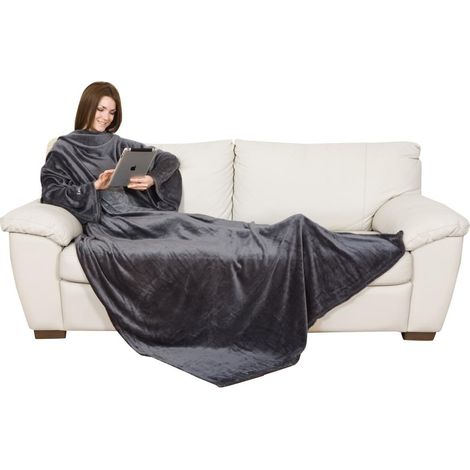 Plaid polaire à manches 120x180 cm, poche kangourou super doux, gris, grande taille