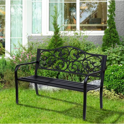 Panca da giardino 3 posti, schienale alto, seduta ergonomica, metallo e ghisa nera (1/5)