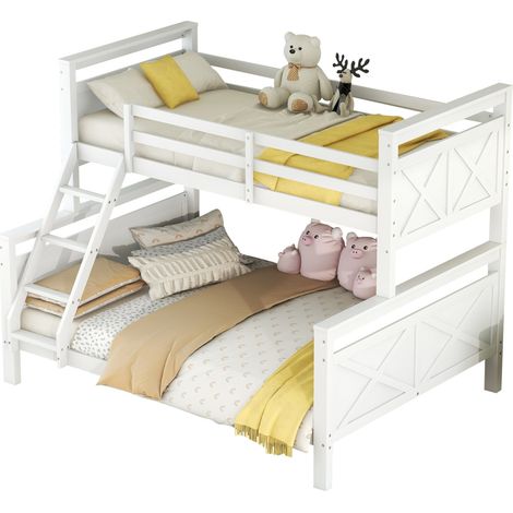 Lit superposé en bois blanc 90x200 cm avec échelle inclinée, barrières de sécurité et conversion en 2 lits séparés, 2 couchages, pour enfants - CHICFURN (1/5)
