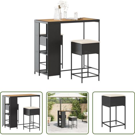 Gartenmöbel - 3-tlg. Gartenbar-Set mit Kissen Schwarz Poly Rattan (1/5)