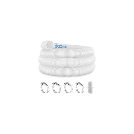 Dieses Set beinhaltet zwei 32-mm-Poolschläuche, vier Schlauchschellen, ein Verbindungsstück und einen Schraubendreher und hat eine Gesamtlänge von 150 cm. Es ist mit Filterpumpen und Pools kompatibel. (1/5)