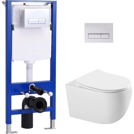 HOROW WC sospeso senza brida con telaio ad incasso, set completo con cassetta di risciacquo, piastra di comando, sedile Soft Close (1/5)