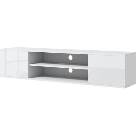 Meuble TV Meuble banc TV mural suspendu style contemporain 2 placards 2 niches centrales et 2 passe-câbles 140 x 30 x 30 cm blanc (1/5)