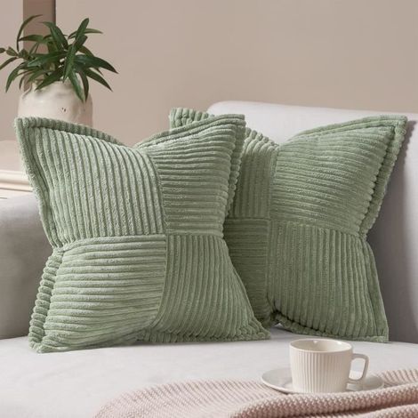 Lot de 2 housses de coussin 45x45 cm velours côtelé vert (1/4)