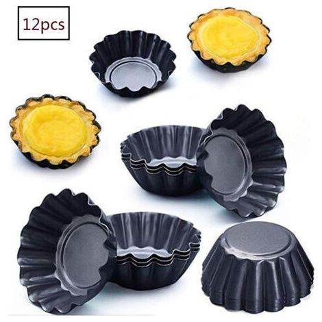 FENOPLASTICAEnsemble de 12 moules à tartelettes aux œufs, 7,5 cm, moule à mini-gâteaux, moule à crêpes en acier au carbone (noir) (1/5)