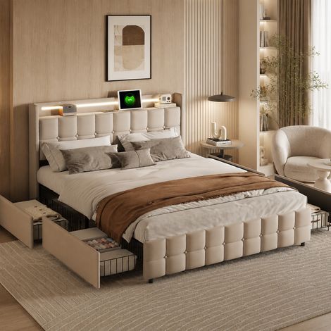 Lit double capitonné 180×200cm, lit coffre avec lumière LED et port USB, lit adulte avec quatre tiroirs, rangement sous le lit, sommier à lattes,  Lin, Beige