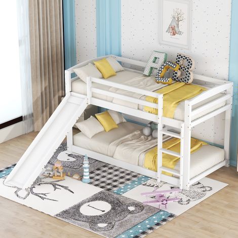 Lit superposé enfant 90x200 cm, gain de place pour plafonds bas, toboggan et escalier réversibles, pin blanc (1/5)