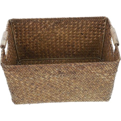 Panier de rangement tressé en algues avec poignée en bois, marron foncé, pour organiser et ranger. (1/5)