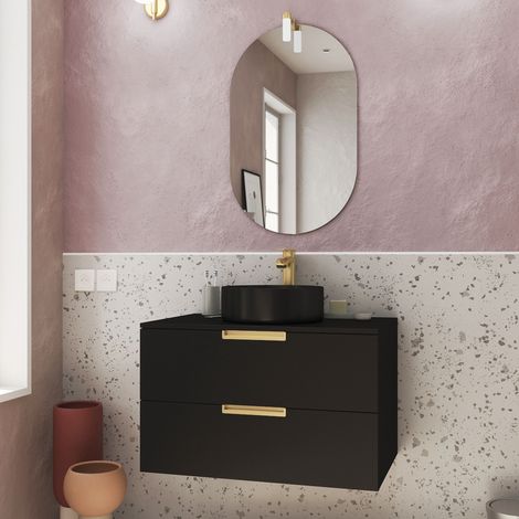 Mobile da bagno 80 cm Laccato Nero Opaca e Oro Dorato 2 Cassetti - Lavabo Nero - Specchio e Led