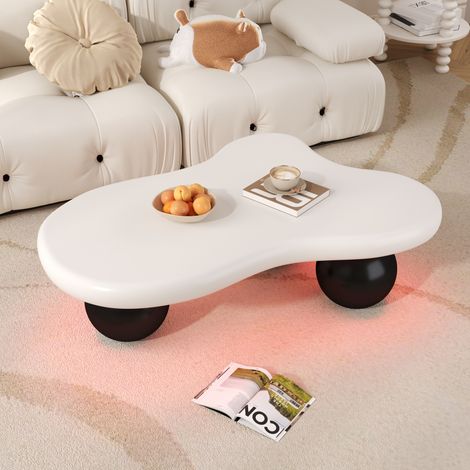 Table Basse Forme Nuage avec LED 16 Couleurs, 4 Pieds Ronds, Style Moderne, en MDF, Noir et Blanc (1/5)