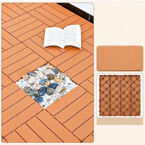 Fuleadture Set di 11 robuste piastrelle per pavimenti in plastica per esterni, effetto legno arancione, 30 x 30 cm, motivo a osso di mulo, per patio, giardino e balcone (1/5)