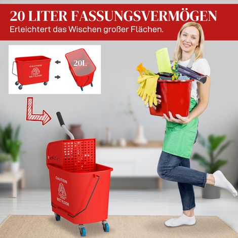 Seau à serpillière 20L avec essoreuse et poignée, seau de lavage sur roulettes, plastique rouge (1/5)