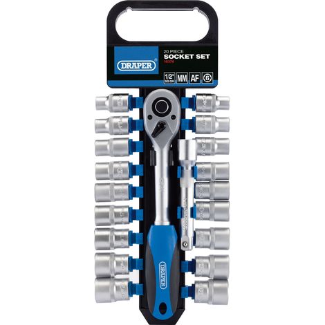 Draper 1/2" Square Drive Combined Metric and Imperial Socket and Ratchet Set, 20 Pieces (Up to 22mm & 7/8 inch) (1/5)