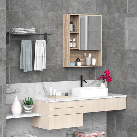Armoire miroir murale salle bain étagère hauteur réglable espace intérieur ouvertes chêne 60x15x76 cm