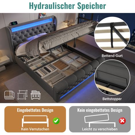 Lit double capitonné moderne 140x190 cm avec éclairage LED, tête de lit à compartiments, ports USB et Type-C, sommier relevable hydraulique, revêtement en velours gris, sans matelas. (1/5)