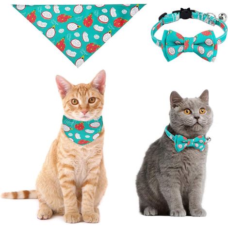 Cat Collars with Bell and Cute Bow Tie for Pets, Kittens and Cats, Adjustable from 0 to 28 cm + Triangle Scarf (Dragon Fruit) (1/5)